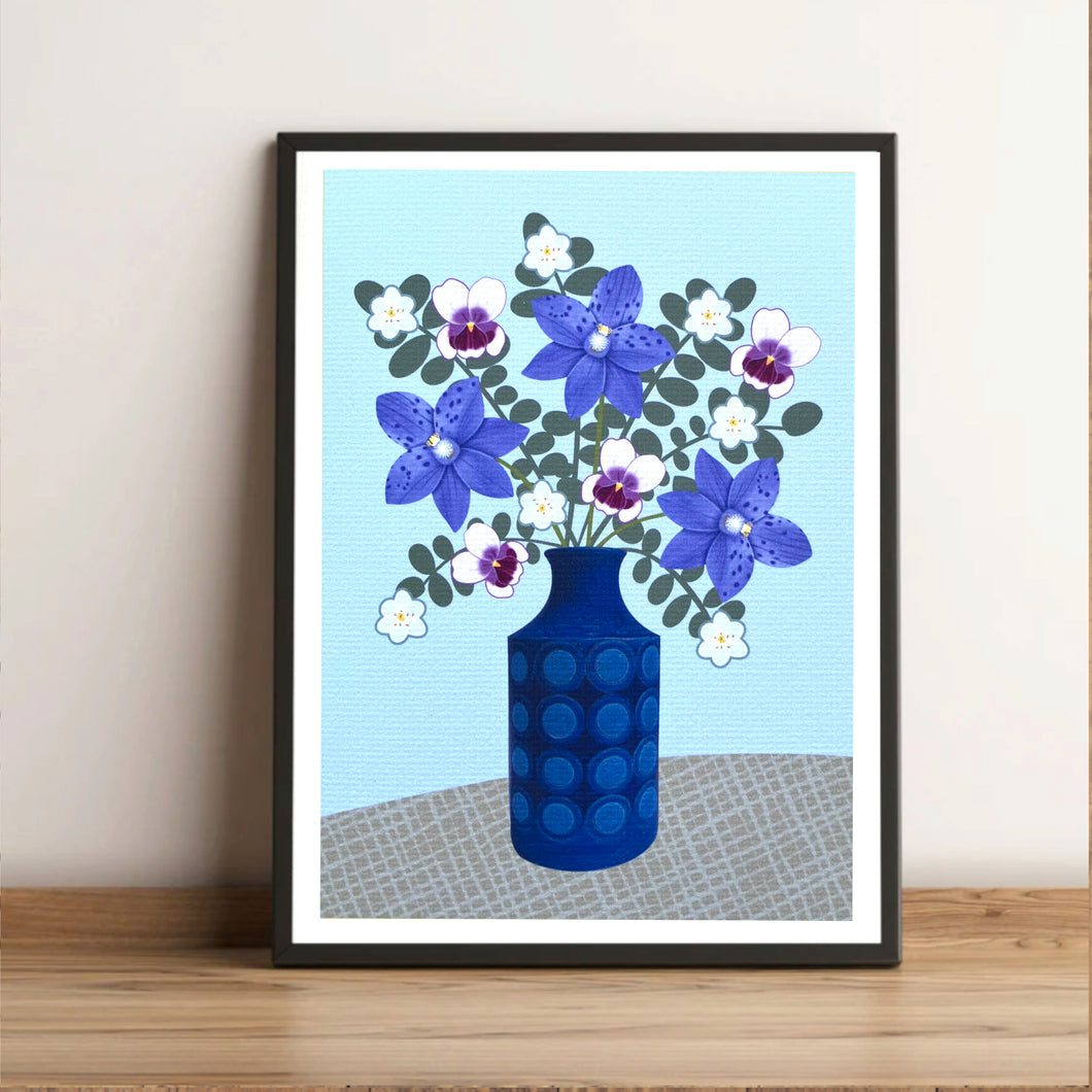 Purple Natives in Blue Retro Vase Art Print