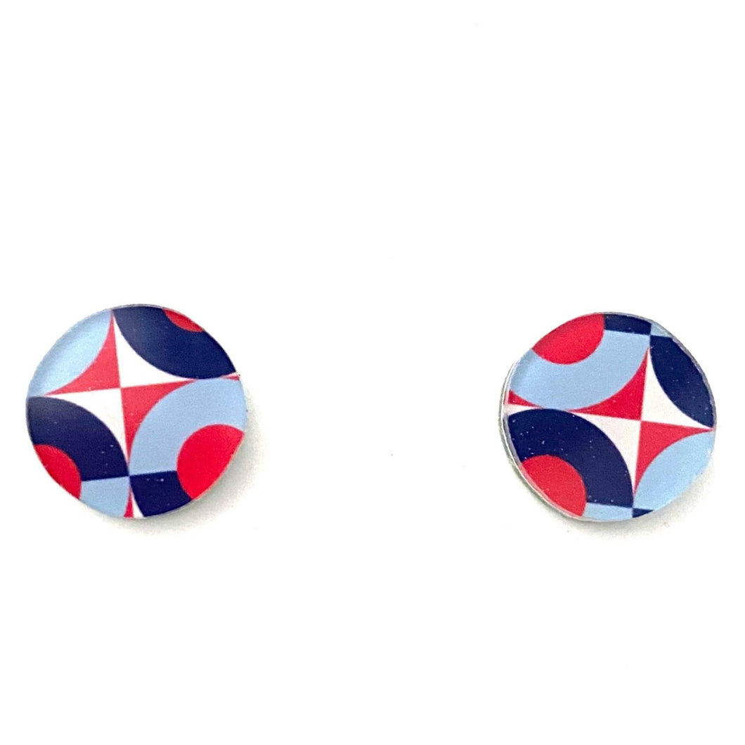 red and blue retro geometric pattern stud earrings