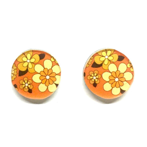 orange retro floral stud earrings| surgical steel