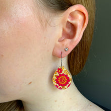 Load image into Gallery viewer, closer photo of girl wearing red retro floral short drop earrings gold leaves
