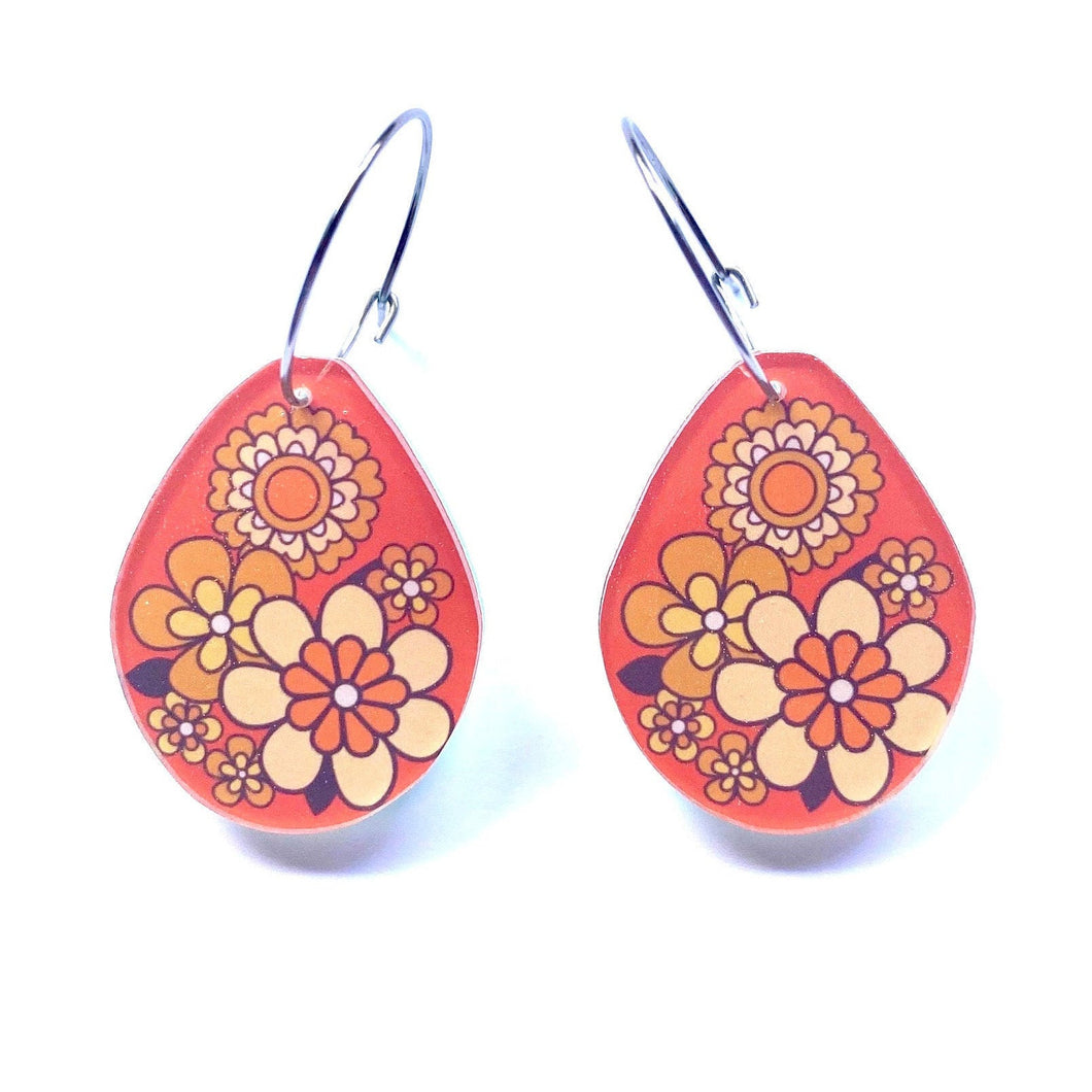 orange retro floral resin short drop earrings